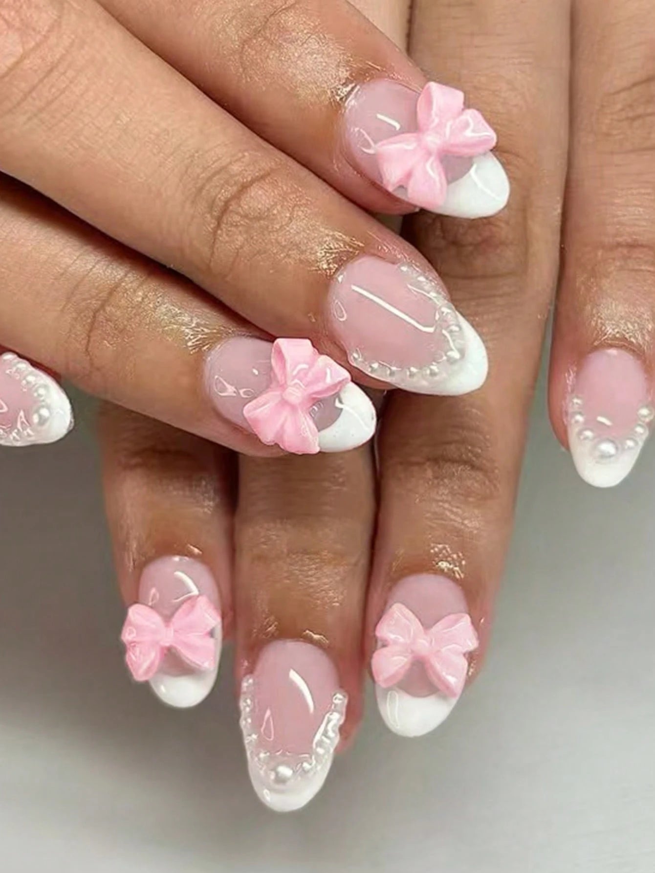 Aura Beauty™ Pink Bow Pearl Frenchie Press-Ons